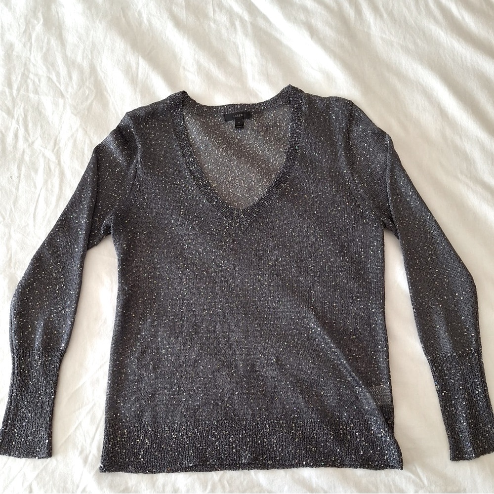 Shimmer sequin long sleeve gray shirt, v neck